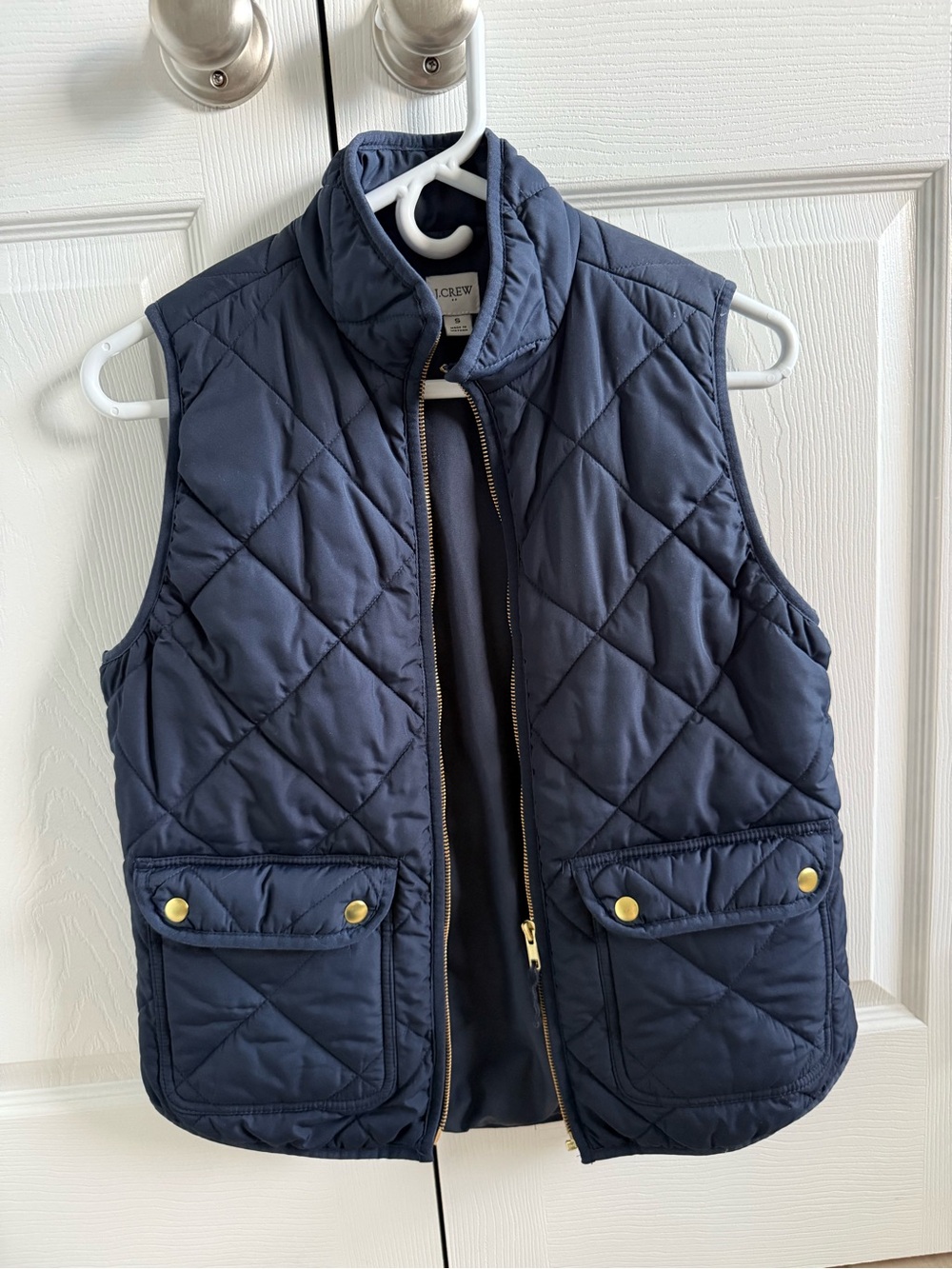 J. Crew Navy Quilted Zip-Front Vest with Gold Zipper